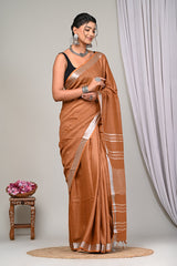 CLASSIC COFFEE BROWNPLAIN LINEN  SAREE WITH SILVER ZARI BORDER