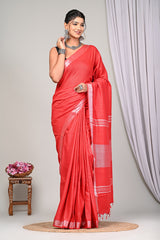 VIBRANT SCARLET REDPLAIN LINEN  SAREE WITH SILVER ZARI BORDER