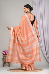 PEACH BLISSPLAIN LINEN  SAREE WITH SILVER ZARI BORDER