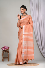 PEACH BLISSPLAIN LINEN  SAREE WITH SILVER ZARI BORDER