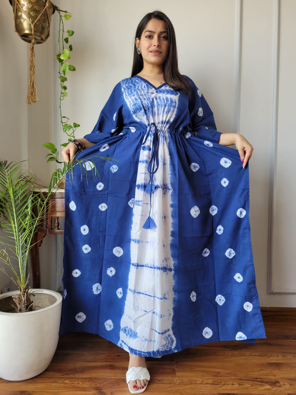 INDIGO DUAL-TONE SHIBORI TIE-DYE COTTON KAFTAN DRESS