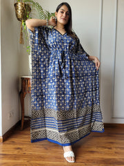 ROYAL BLUE ETHNIC PRINTED COTTON KAFTAN DRESS