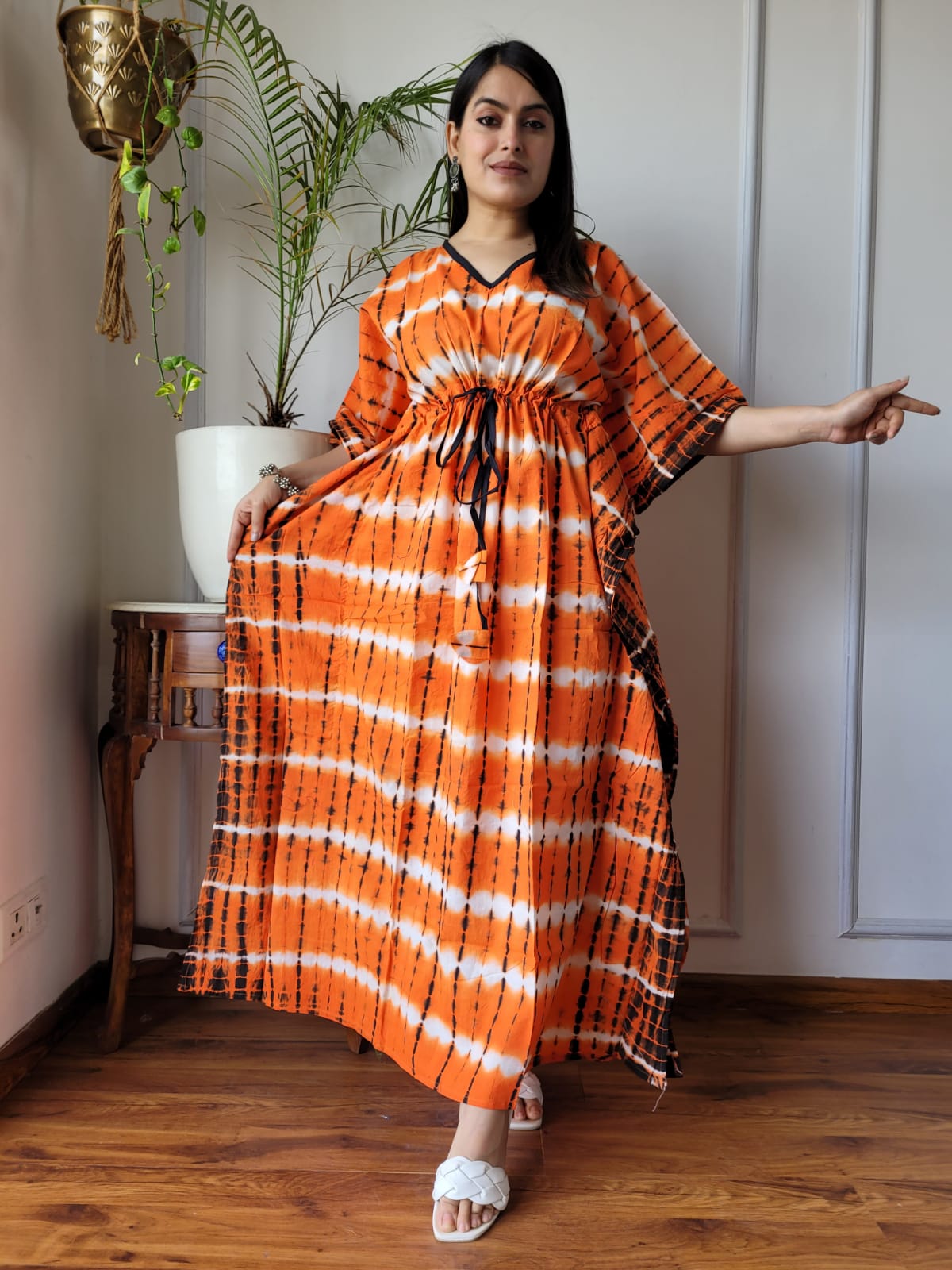 BOLD ORANGE & BLACK TIE-DYE COTTON KAFTAN DRESS