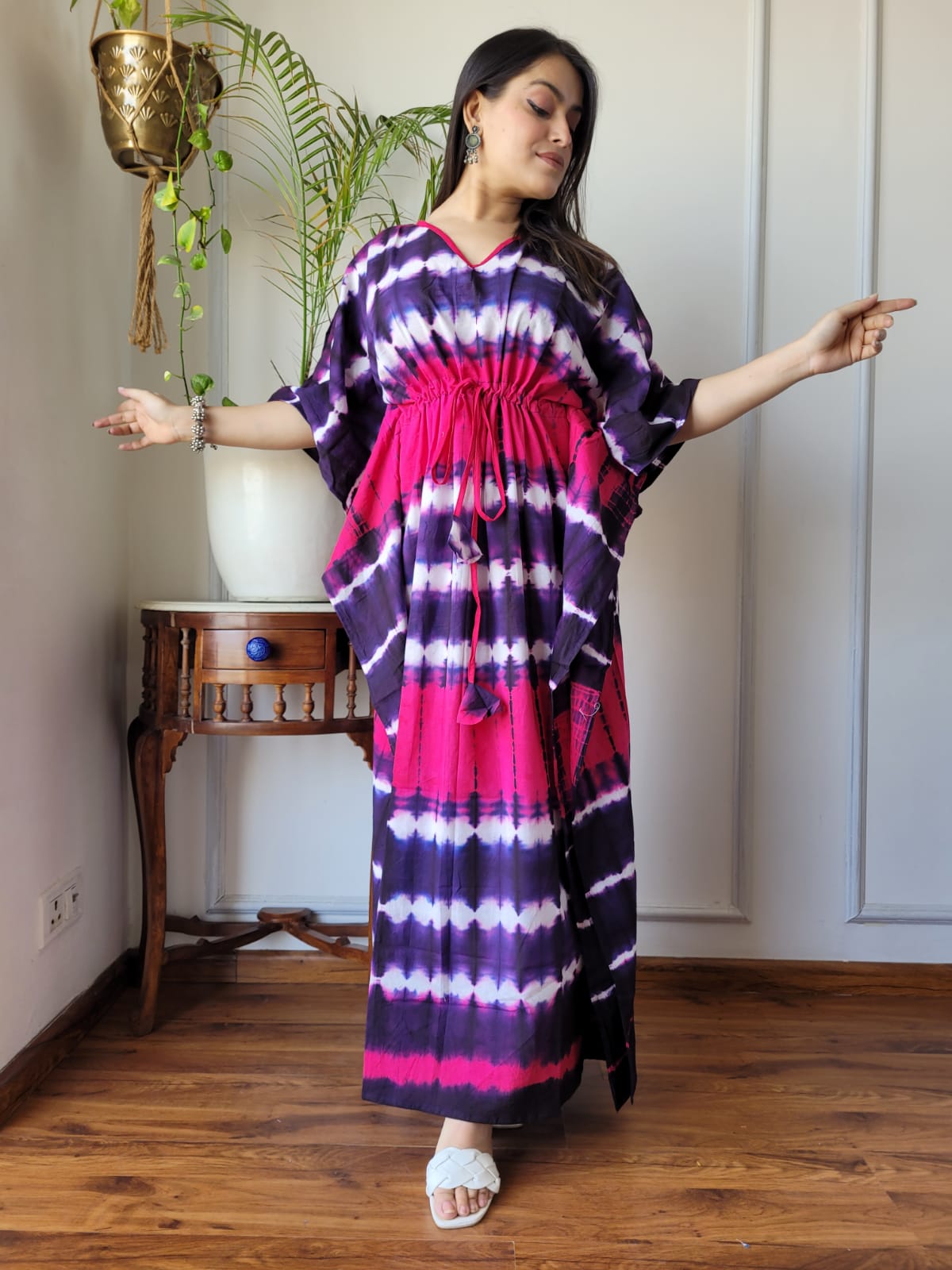 VIBRANT PINK & PURPLE TIE-DYE COTTON KAFTAN DRESS