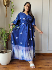 MIDNIGHT BLUE SHIBORI TIE-DYE COTTON KAFTAN DRESS