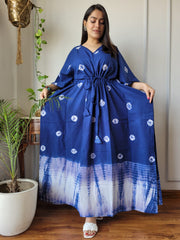 MIDNIGHT BLUE SHIBORI TIE-DYE COTTON KAFTAN DRESS
