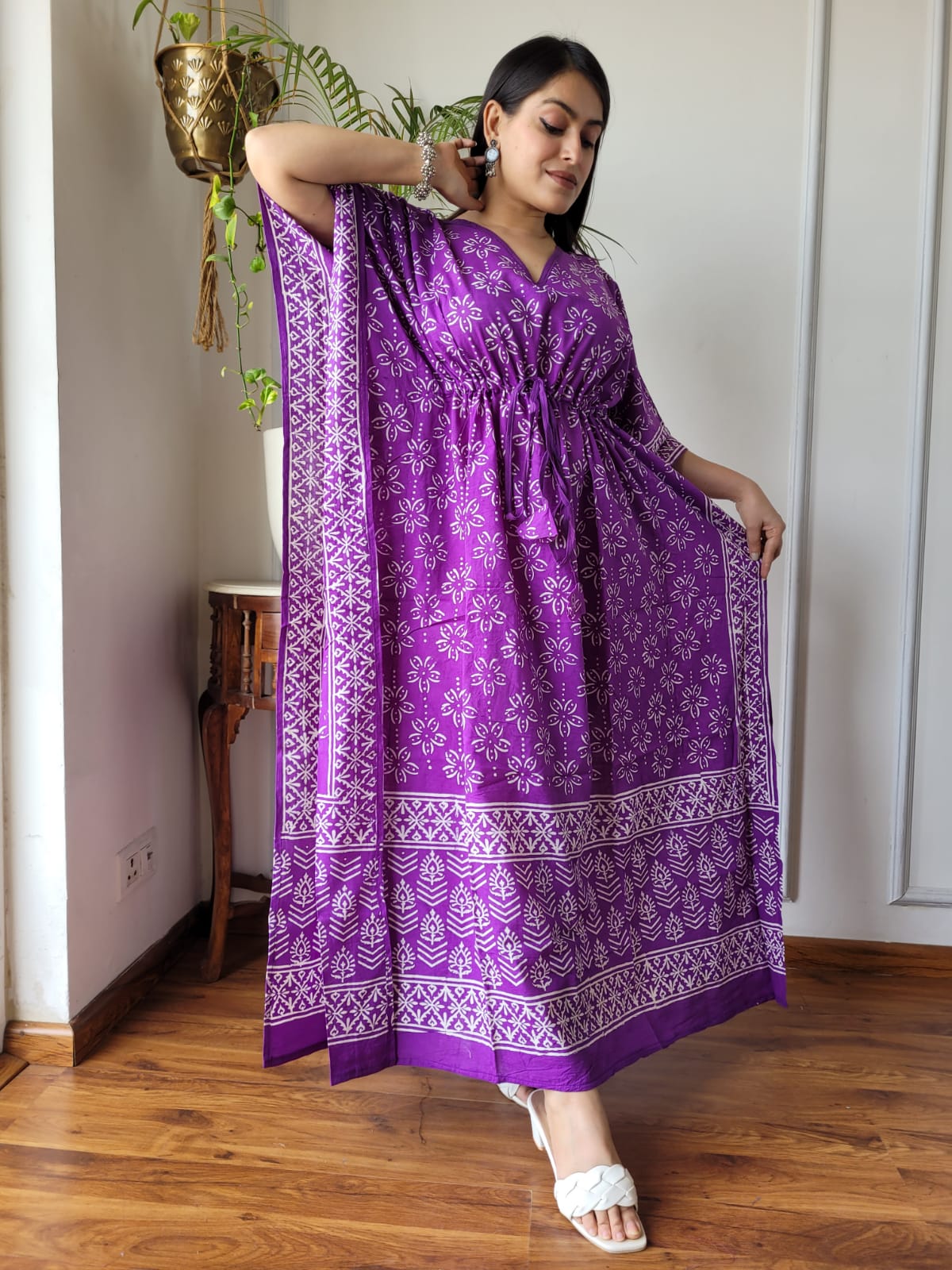 ELEGANT PURPLE PRINTED COTTON KAFTAN DRESS