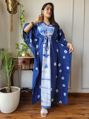 INDIGO DUAL-TONE SHIBORI TIE-DYE COTTON KAFTAN DRESS