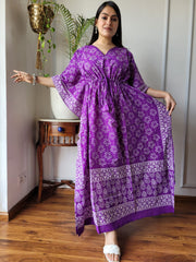 ELEGANT PURPLE PRINTED COTTON KAFTAN DRESS