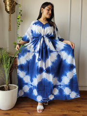 BOHO CHIC BLUE & WHITE HANDCRAFTED TIE-DYE KAFTAN DRESS