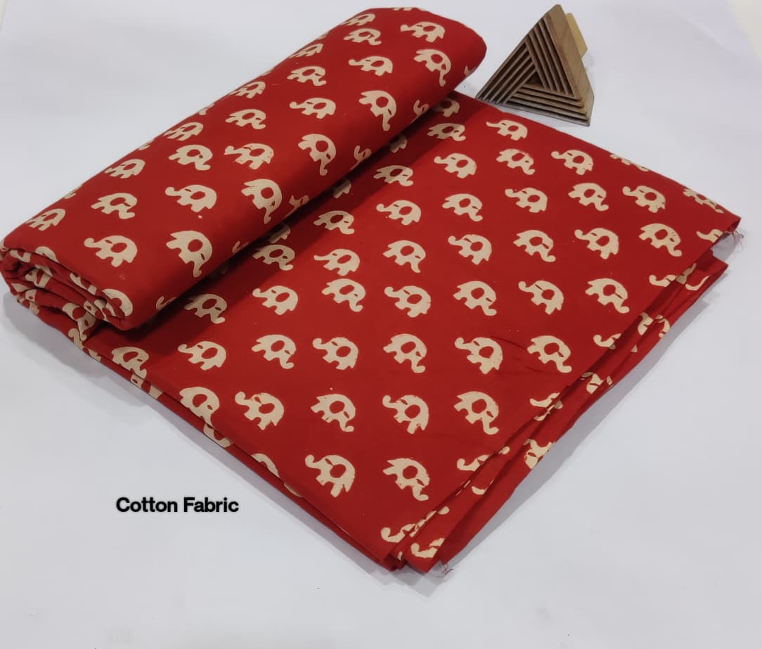 Premium Hand Block Cotton Fabric – Red with Elephant Print