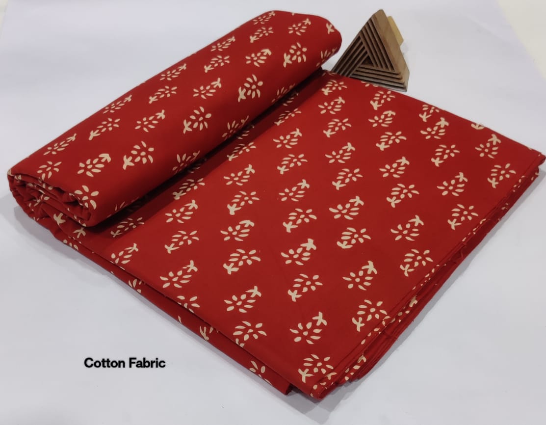 Hand Block Cotton Fabric – Brick Red with Delicate Floral Motif