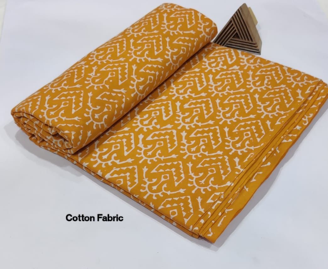 Hand Block Cotton Fabric – Mustard Yellow with Tribal Geometric Print