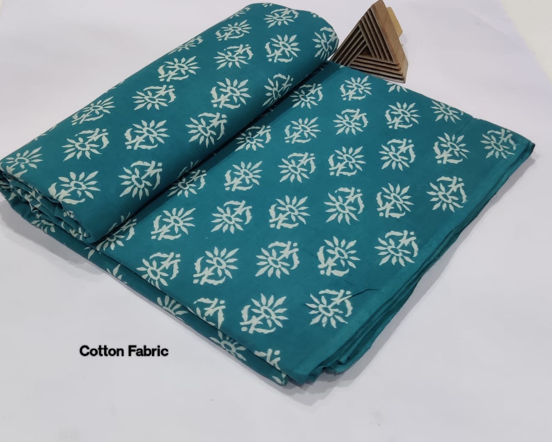 Premium Handblock Printed Cotton Fabric – Teal Blue