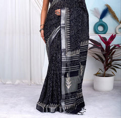 BLACK & WHITE HANDBLOCKPRINTEDLINEN SAREE WITH SILVER ZARI