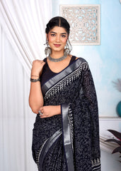BLACK & WHITE HANDBLOCKPRINTEDLINEN SAREE WITH SILVER ZARI