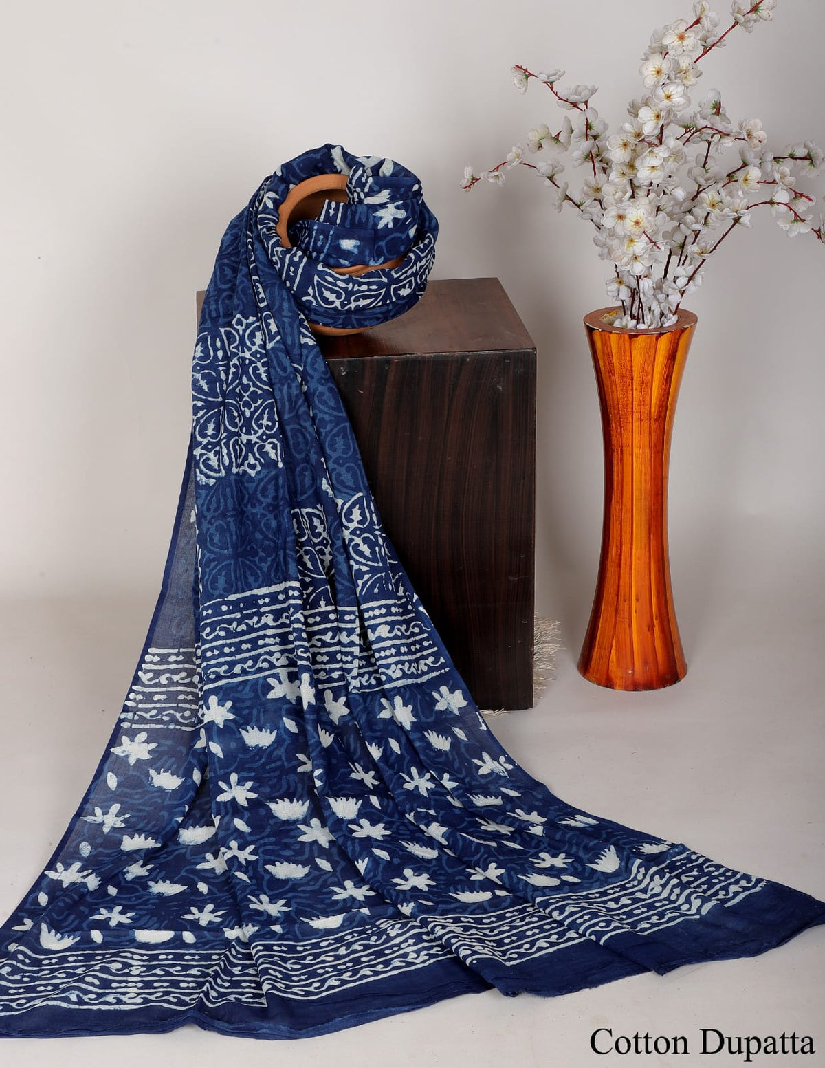 INDIGO DABU HANDBLOCK PRINTED MULMUL DUPATTA