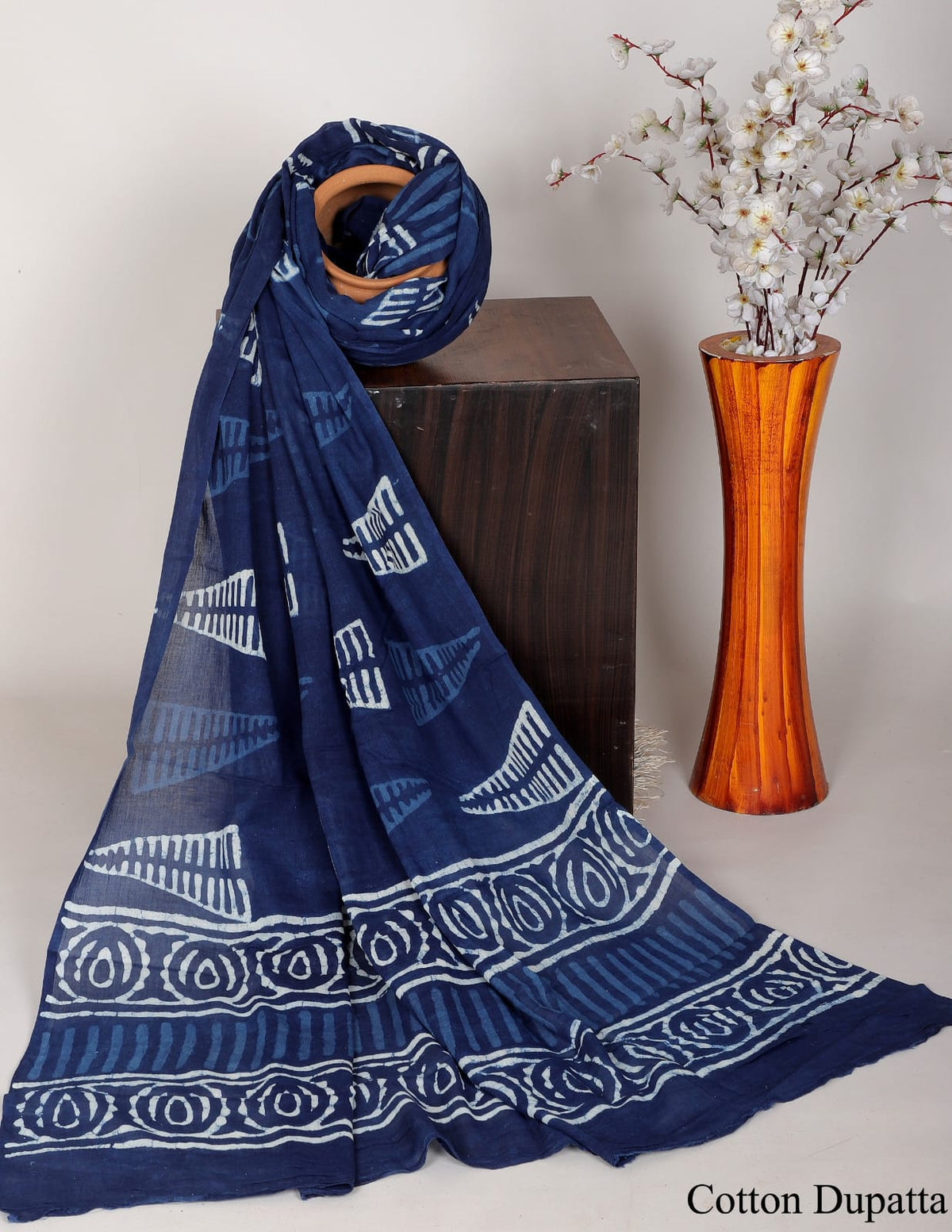 INDIGO DABU HANDBLOCK PRINTED MULMUL DUPATTA