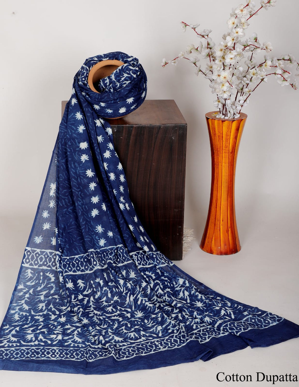 INDIGO DABU HANDBLOCK PRINTED MULMUL DUPATTA