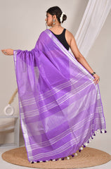 ROYAL PLUM PURPLEPLAIN LINEN  SAREE WITH SILVER ZARI BORDER
