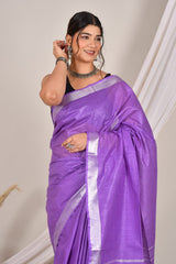 ROYAL PLUM PURPLEPLAIN LINEN  SAREE WITH SILVER ZARI BORDER