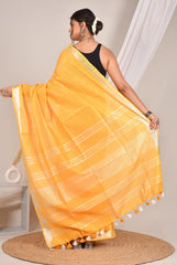 RADIANT YELLOW PLAIN LINEN  SAREE WITH SILVER ZARI BORDER