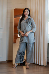 Women's Pearl Grey Embroidered Cord Set