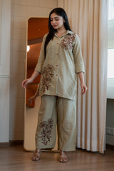 Women's Sage Green Embroidered Cord Set