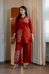 Women's Rust Orange Embroidered Cord Set