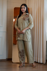 Women's Sage Green Embroidered Cord Set