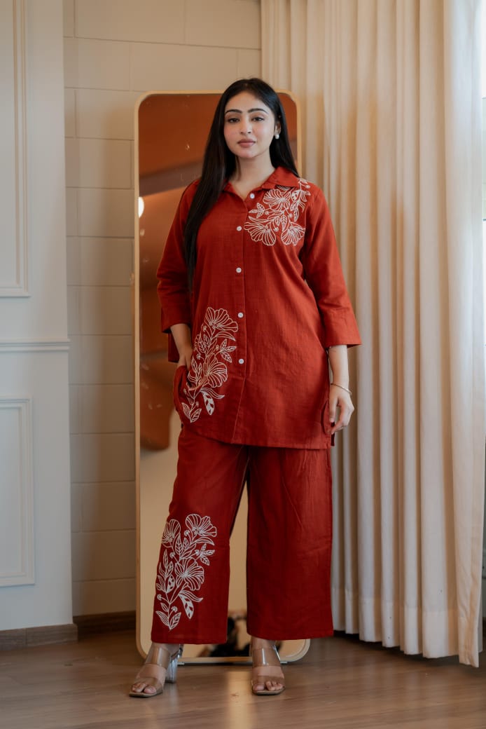 Women's Rust Orange Embroidered Cord Set