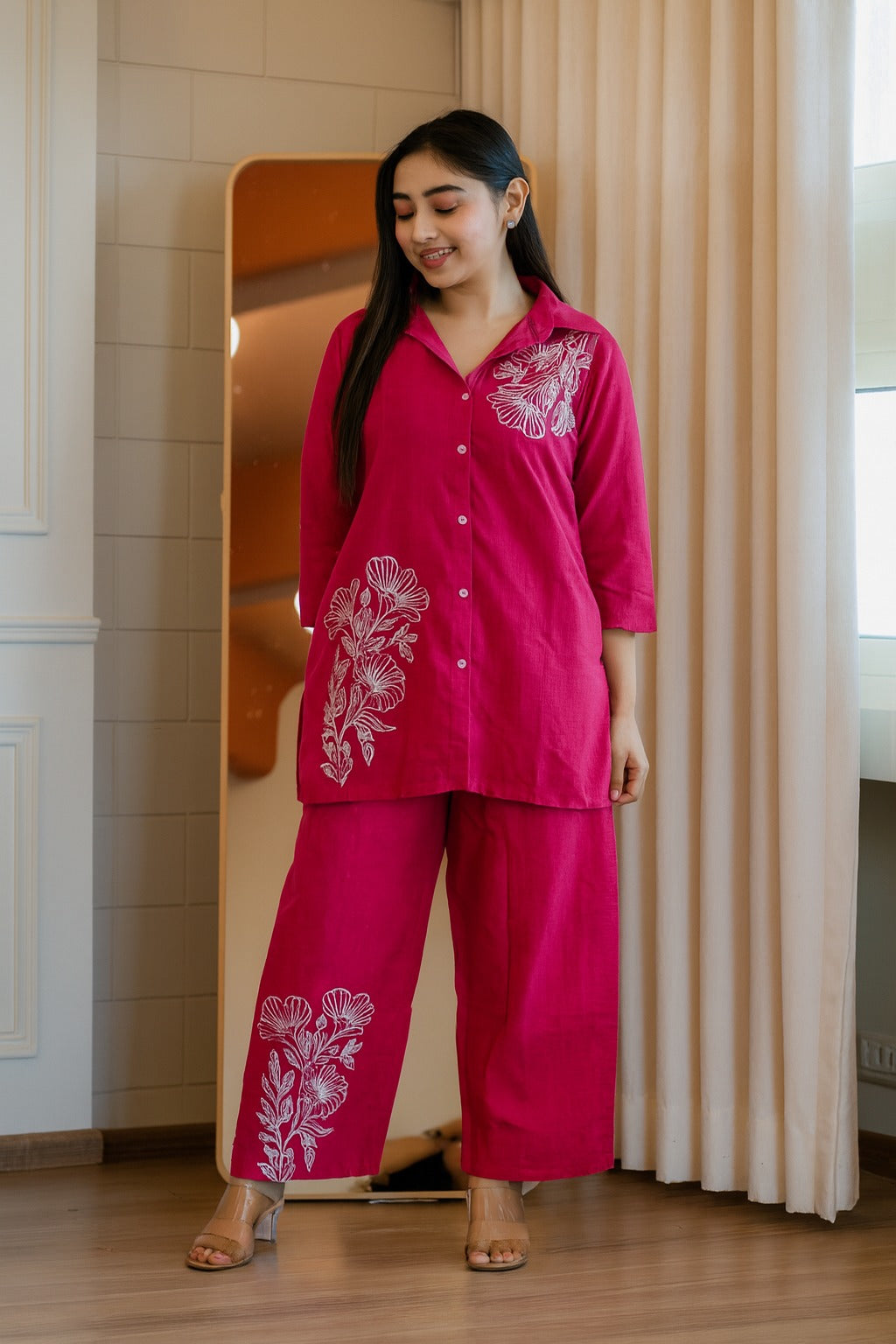 Women's Fuchsia Pink Embroidered Cord Set