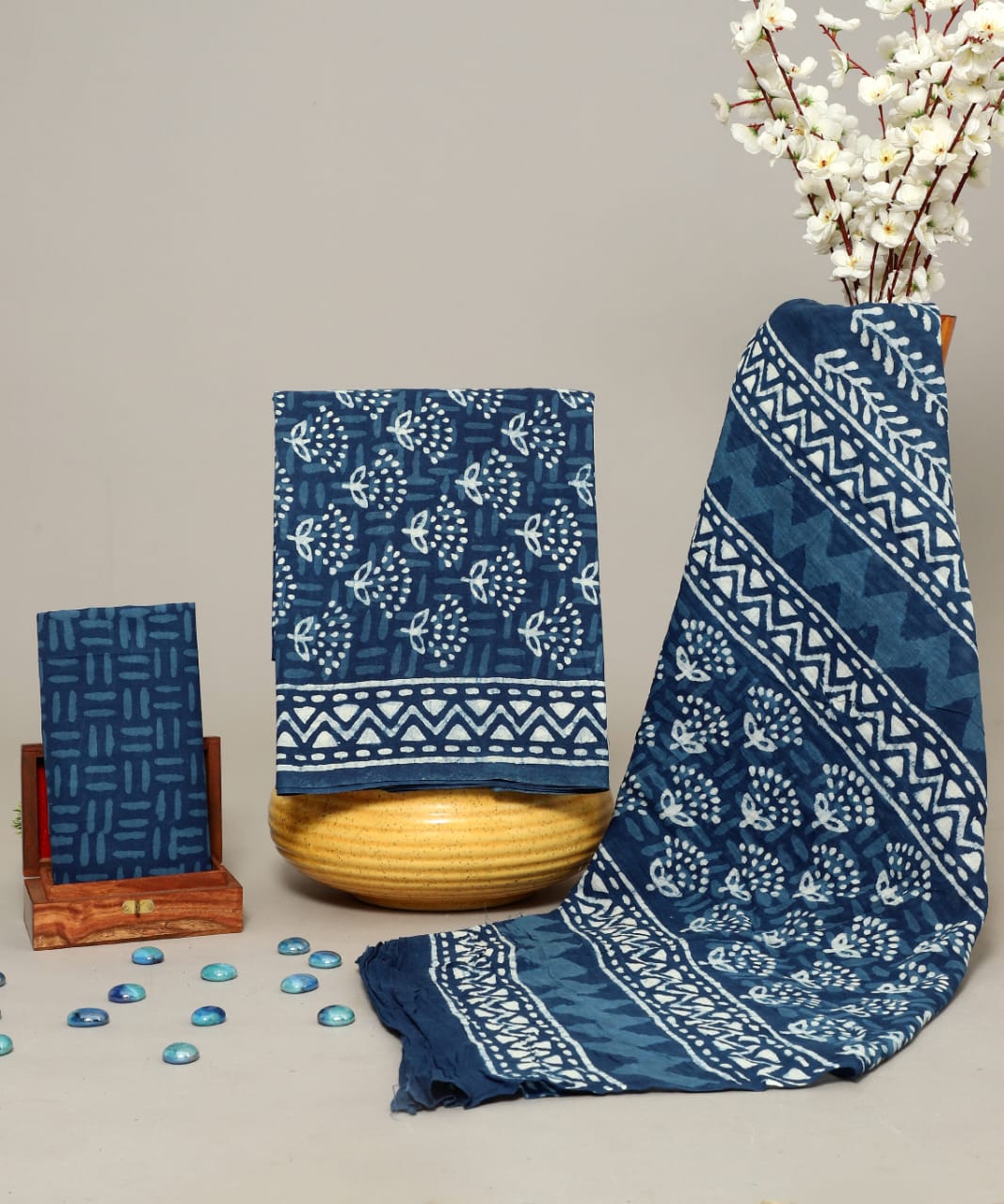 HANDCRAFTED DABU PRINT COTTON DRESS MATERIAL INDIGO BLUE