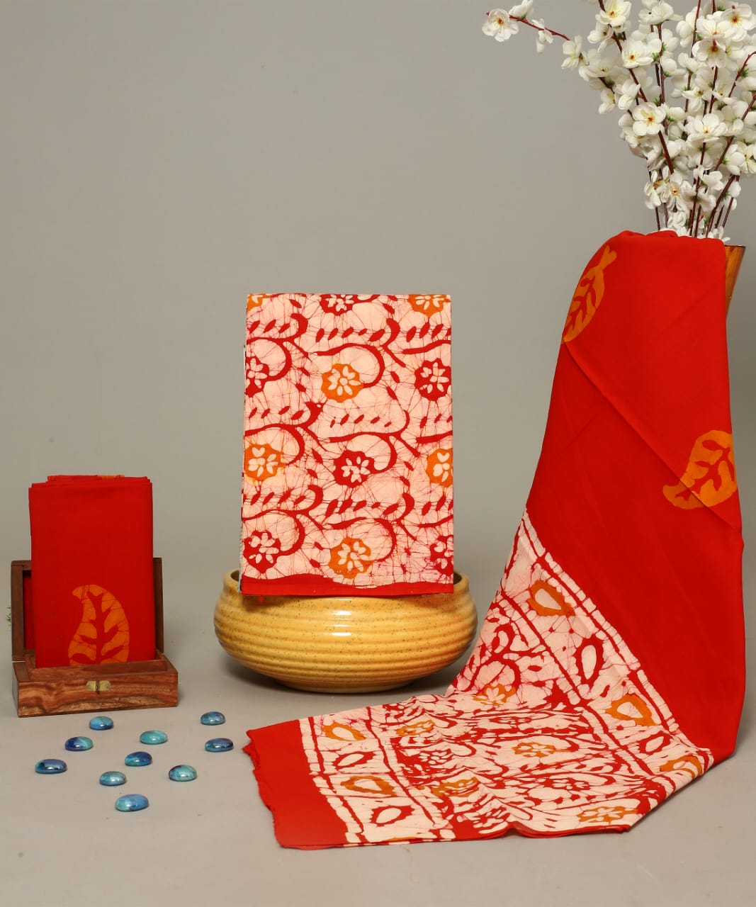 HANDCRAFTED BATIK COTTON DRESS MATERIAL– RED WITH WHITE & YELLOW MOTIFS
