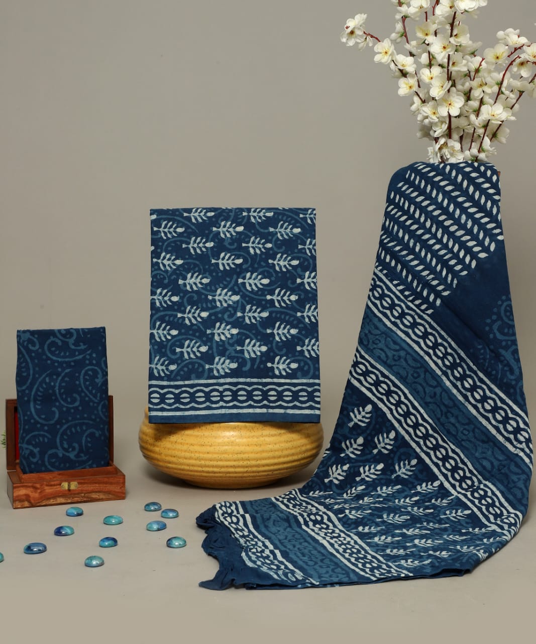 HANDCRAFTED DABU PRINT COTTON DRESS MATERIAL INDIGO BLUE