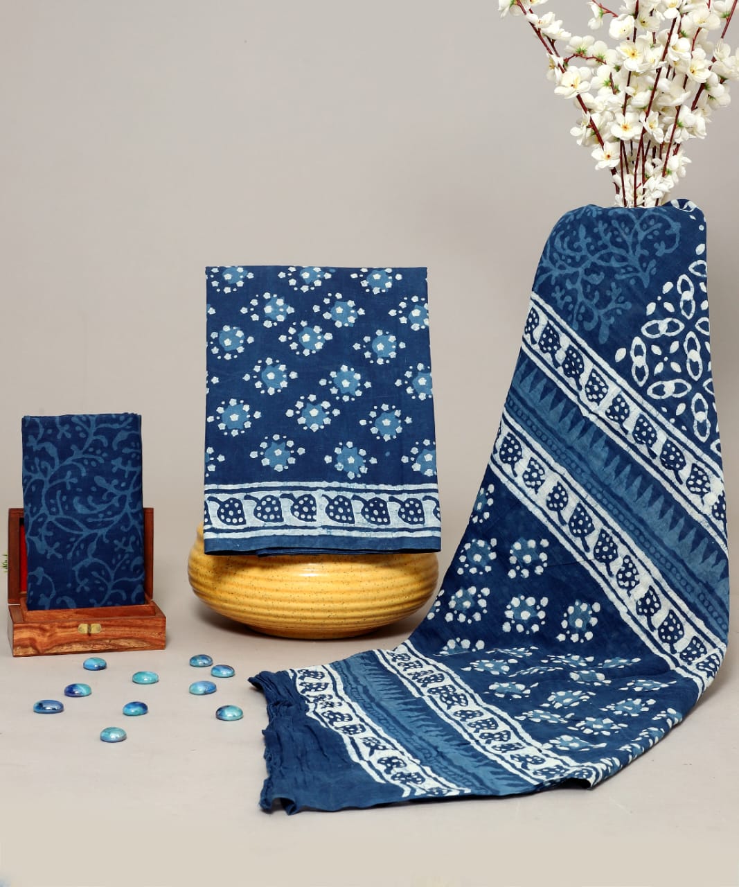 HANDCRAFTED DABU PRINT COTTON DRESS MATERIAL INDIGO BLUE