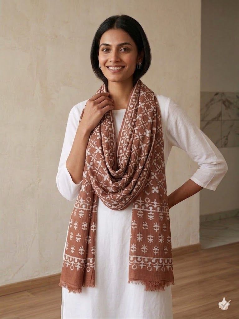 Hand-Block Printed Cotton Stole/Scarf – Earthy Brown and Off-White Floral Design