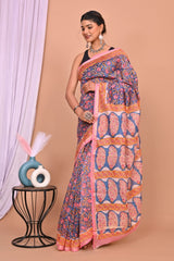 MULTICOLOR CHANDERI SILK SAREE WITH PINK BORDER & MUGHAL BUTI MOTIFS