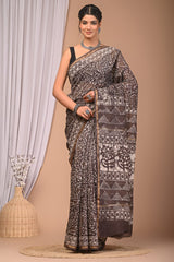 BLACK & BEIGE CHANDERI SILK SAREE WITH DABU-INSPIRED BLOCK PRINT