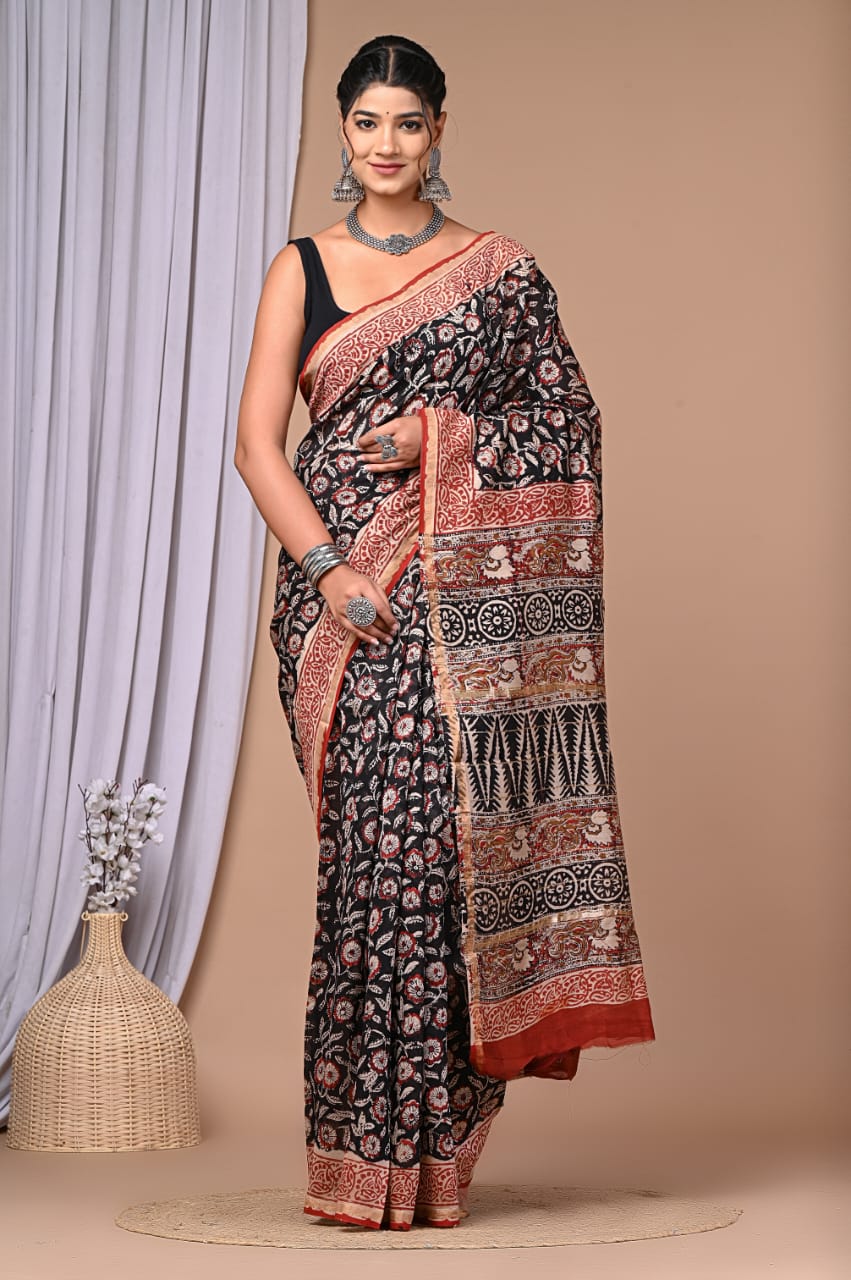 ELEGANT BLACK & MAROON HANDBLOCK PRINTED CHANDERI SAREE