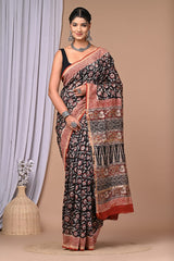 ELEGANT BLACK & MAROON HANDBLOCK PRINTED CHANDERI SAREE