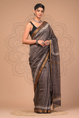 GRACEFUL MAHESHWARI SILK COTTON SAREE IN BLACK & WHITE CHECKS WITH ZARI BORDER