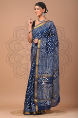 ROYAL BLUE MAHESHWARI SILK COTTON SAREE WITH INTRICATE HANDWOVEN MOTIFS & ZARI BORDER
