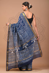ROYAL BLUE MAHESHWARI SILK COTTON SAREE WITH INTRICATE HANDWOVEN MOTIFS & ZARI BORDER