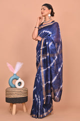 NAVY BLUE SHIBORI HAND-DYED CHANDERI SILK SAREE WITH ZARI BORDER