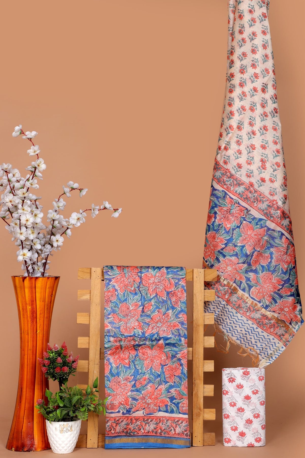 ELEGANT BLUE & CORAL FLORAL CHANDERI COTTON SUIT