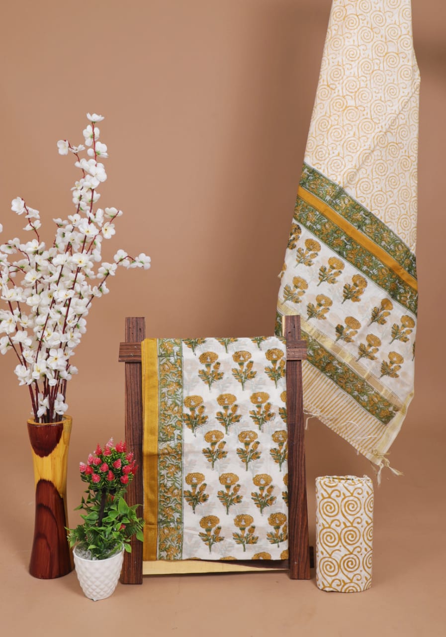 SUBTLE MUSTARD & OLIVE FLORAL CHANDERI COTTON SUIT