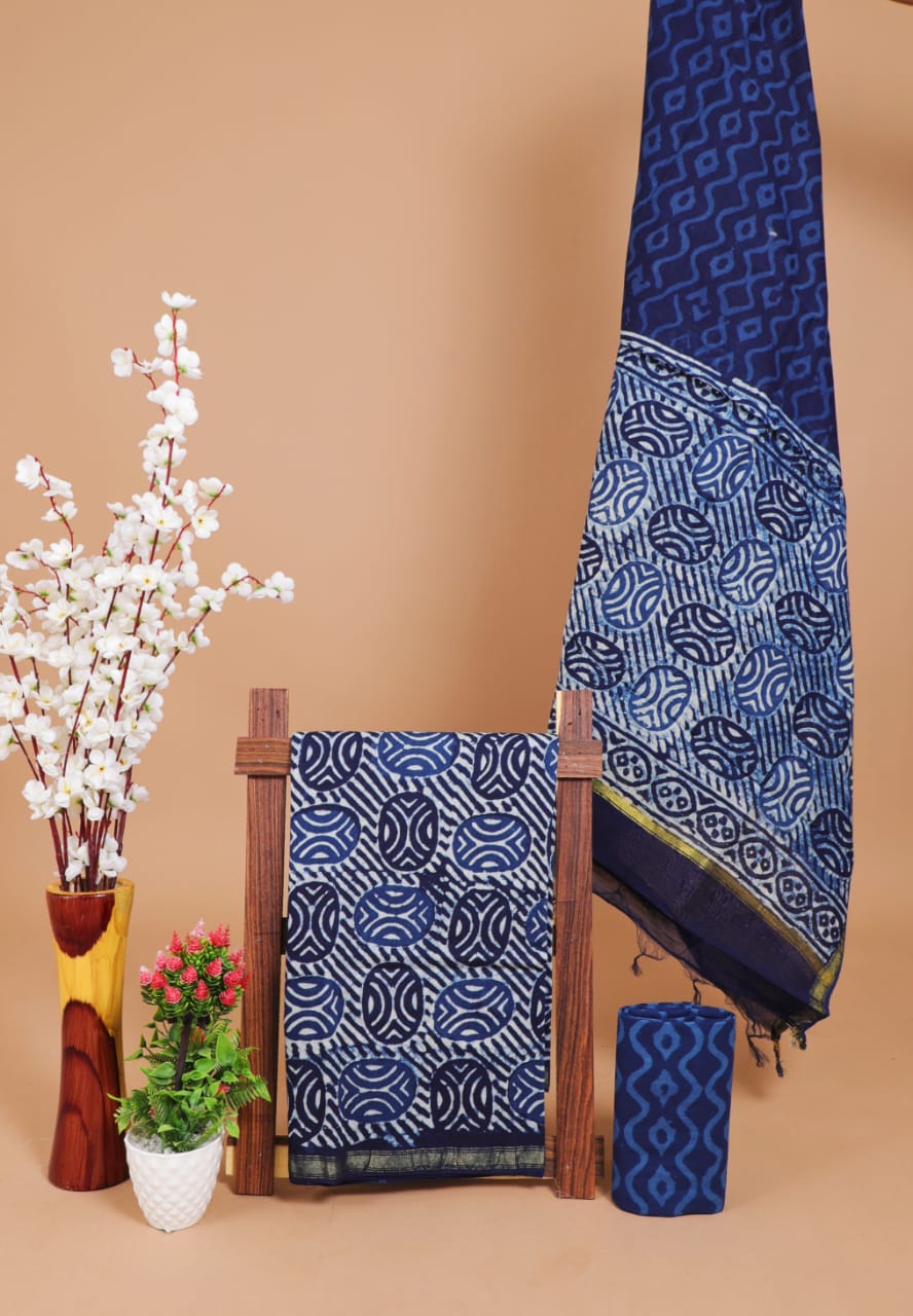 INDIGO CHARM HANDBLOCK PRINTED COTTON SUIT SET
