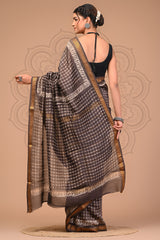 GRACEFUL MAHESHWARI SILK COTTON SAREE IN BLACK & WHITE CHECKS WITH ZARI BORDER