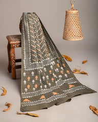 OLIVE GREEN DABU HANDBLOCK PRINTED MULMUL DUPATTA